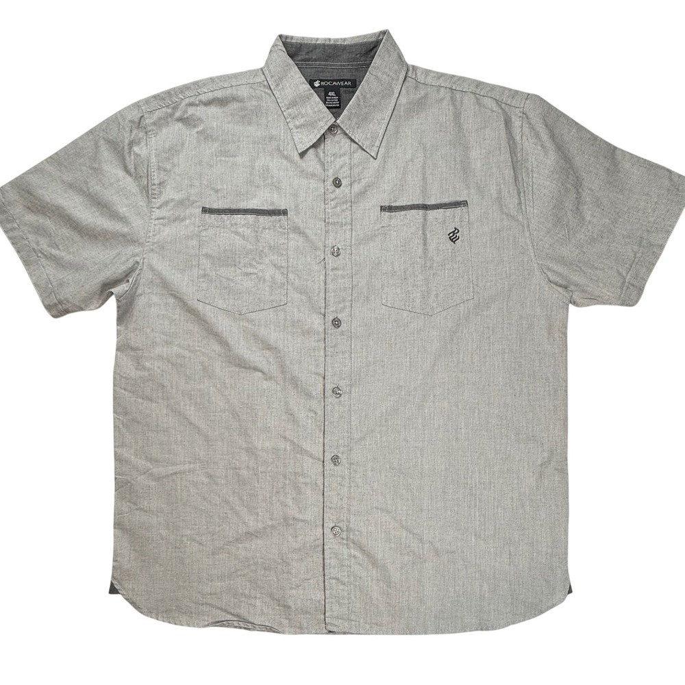 Rocawear Mens 4XL Gray Short Sleeve Button Down Shirt Cotton Blend Dual Pockets